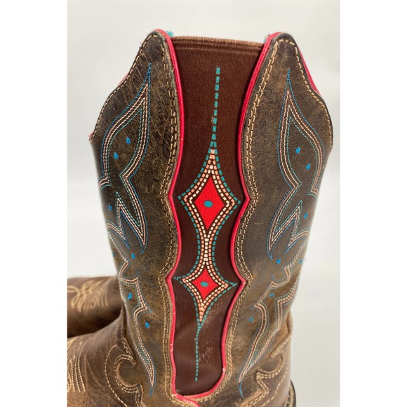 JUSTIN Womens 7 Cowboy Western Boot Brow Red turquoise Stretch Plus Size Square - Picture 4 of 7